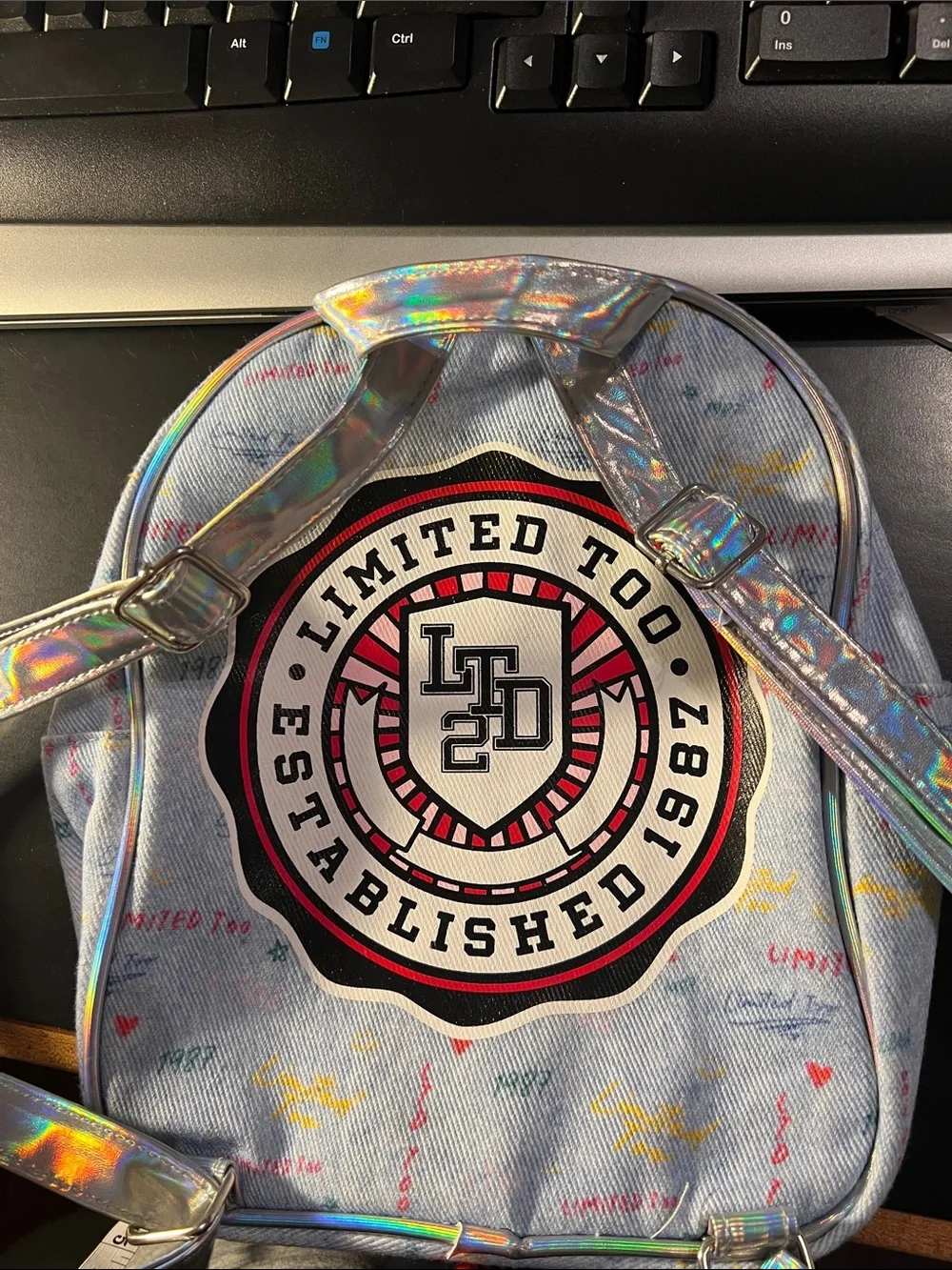 Limited Too Light Blue Denim Mini Backpack with Holographic Trim